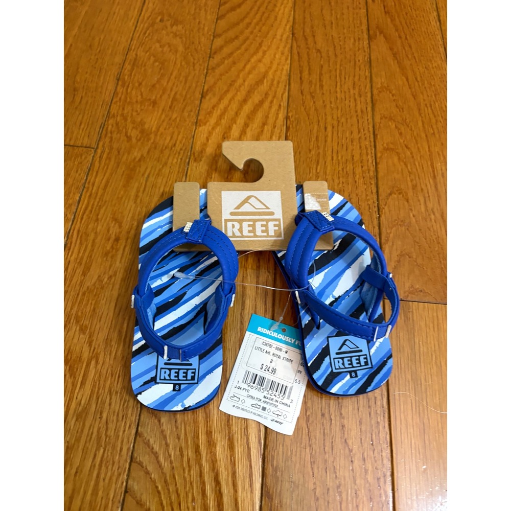 New Reef Little Ahi Royal Stripe Blue Black Toddler Sandals Size 8 CJ6762-0080-